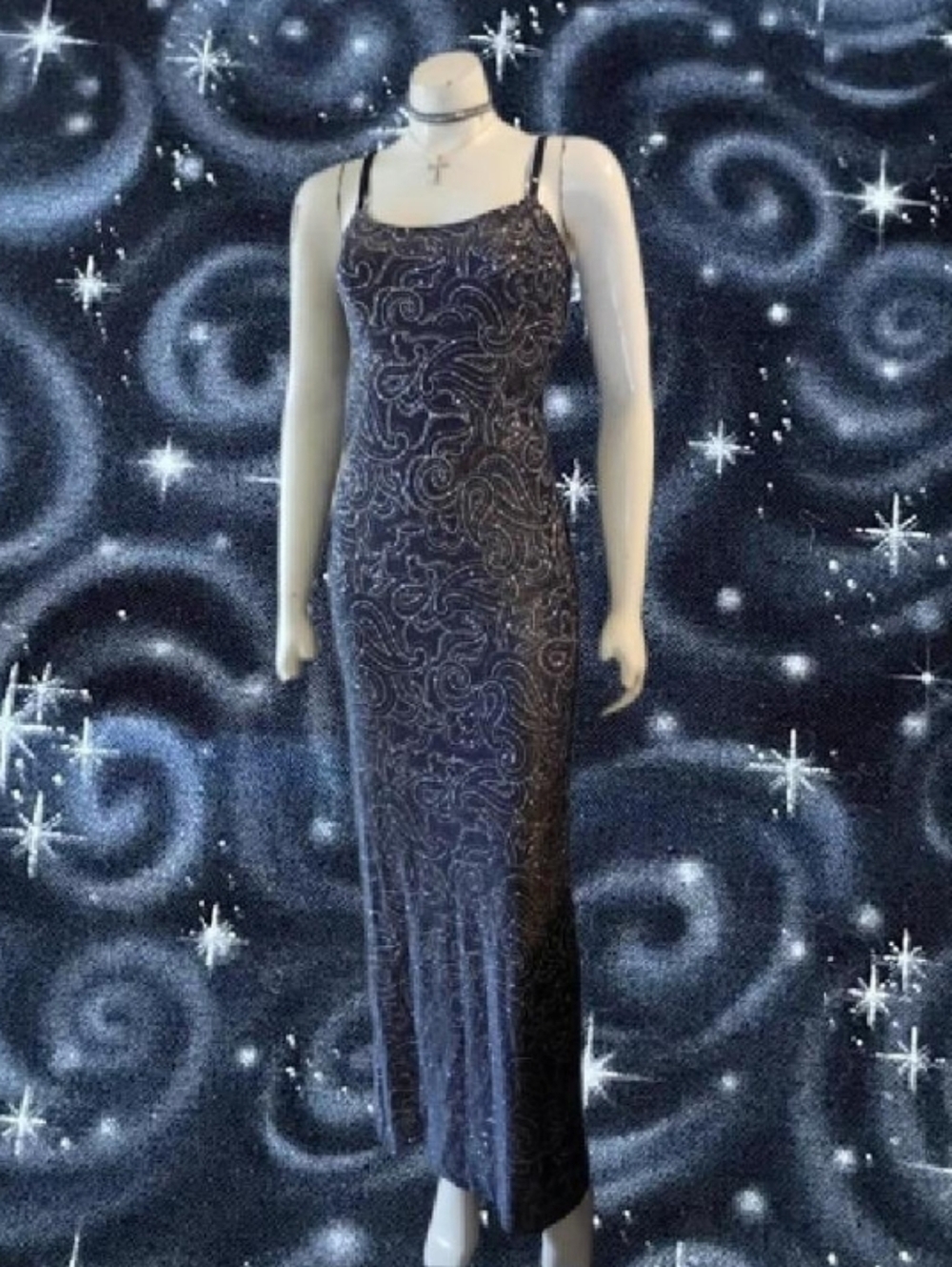 VTG 90s Jump Apparel Co Navy Glittery Spaghetti Strap Maxi Evening Dress Sz 5/6